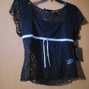 Derek Heart Black Lace Short Sleeve Top with White Ribbon